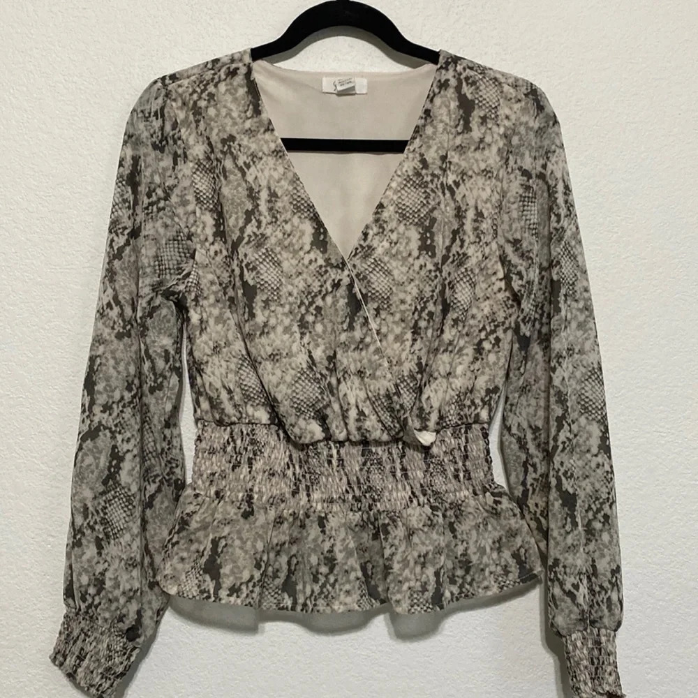 Japna Snake Skin Faux Wrap Animal Print Long Sleeve Blouse Size M